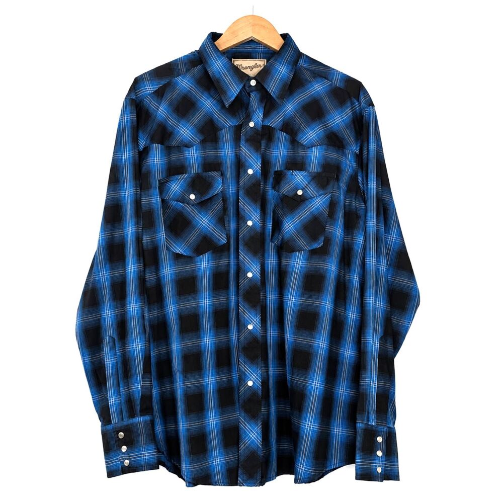 Wrangler XL Blue Black Plaid Pearl Snap Western Shirt Cowboy Rodeo